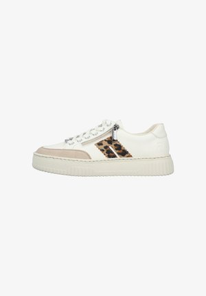 White leather sneaker featuring a beige accent, leopard print stripe, and side zipper detail. Textured rubber sole with ridged pattern.