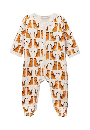Bodysuit blanc pour bébé avec des illustrations de tigres oranges et des boutons-pression sur le devant et les jambes, manches longues et pieds recouverts.