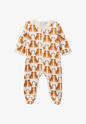 Bodysuit blanc pour bébé avec des illustrations de tigres oranges et des boutons-pression sur le devant et les jambes, manches longues et pieds recouverts.