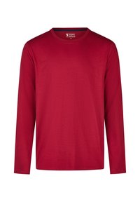 Rode longsleeve t-shirt, gemaakt van zachte katoen, met een ronde hals en een rechte snit. De stof heeft een gladde textuur.