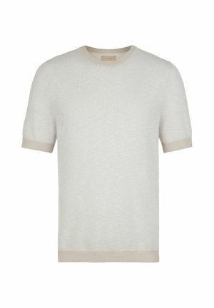 Beżowy krótki sweter z dzianiny z okrągłym dekoltem i ściągaczami na rękawach i u dołu, przedstawiony na białym tle.