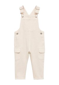 Gli salopette beige in cotone presentano bretelle regolabili, una tasca frontale e due tasche laterali cargo per una maggiore utilità. Texture liscia, gamba dritta.
