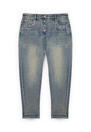 Lyseblå denimjeans med en slank pasform, der har dekorative nitteaccentuerede lommer foran og en knaplukning.
