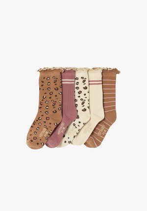 Fünf Paare von Rüschensocken in Braun- und Cremetönen, mit Leopardenmuster, Streifen und einfarbigen Mustern.