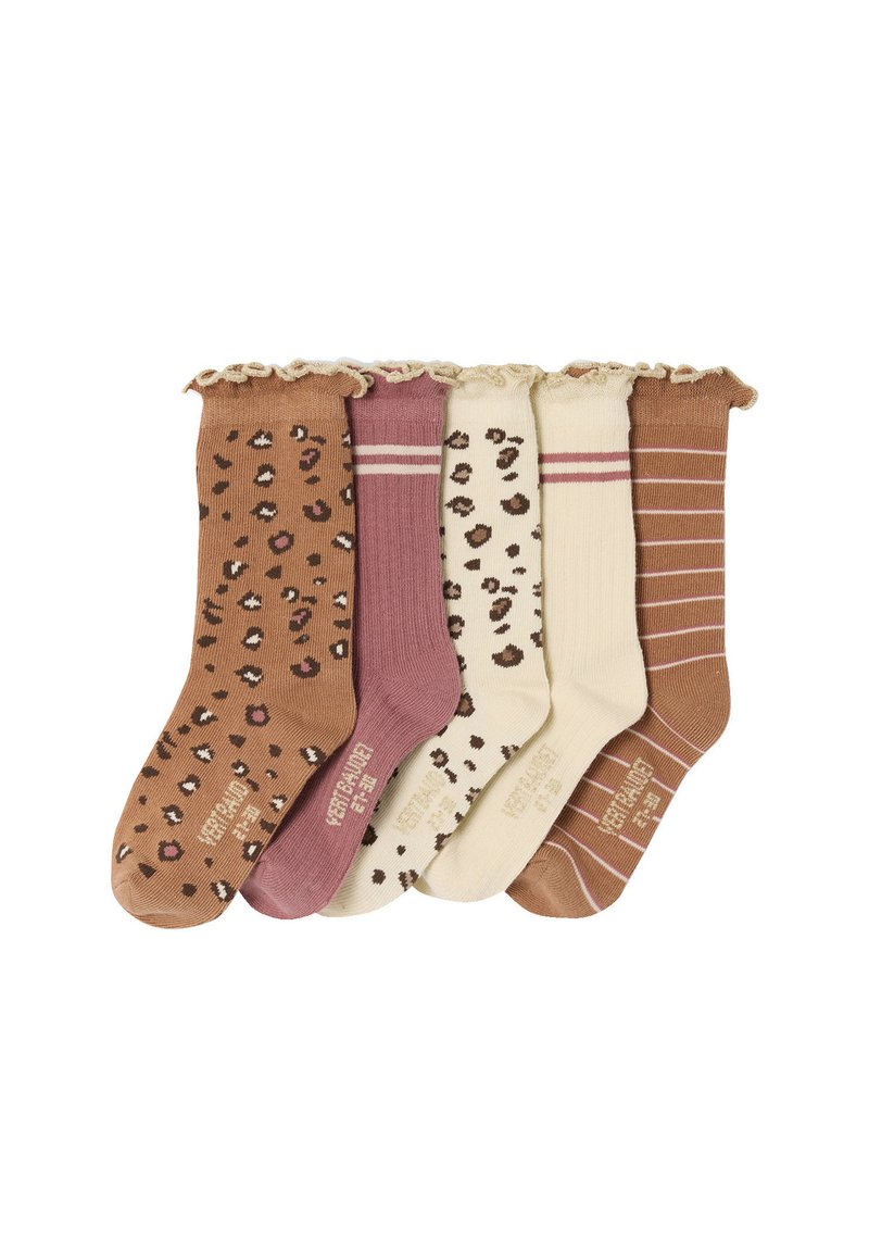 Five pairs of ruffled top socks in brown and cream tones, featuring leopard print, stripes, and solid color patterns.