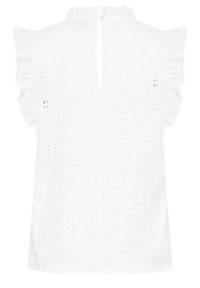 Blouse blanche sans manches avec motif floral en broderie anglaise, bordure volantée aux épaules et petite ouverture en forme de goutte dans le dos avec fermeture par bouton.