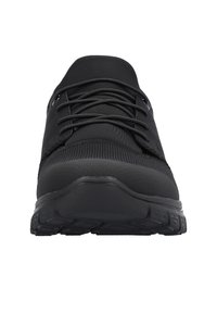 Black athletic shoes with a smooth synthetic upper, textured mesh panels, standard lace-up design, and a rubber outsole with traction patterns.
