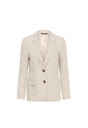 Beige linnen blazer met een geknipt revers, twee voorzakken en drie gouden knopen. Gladde textuur en een getailleerde pasvorm.