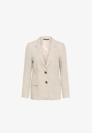 Šviesiai ruda lino švarkas su įpjovimu, dviem priekinėmis kišenėmis ir trimis auksiniais mygtukais. Lygus paviršius ir pritaikytas siluetas.