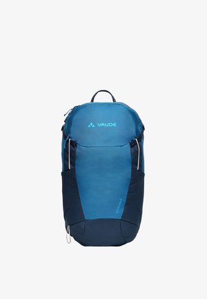 Zaino Vaude Wizard da 24 litri blu e blu scuro con maniglia superiore, tasca frontale con cerniera e cinghie di compressione laterali.