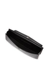 Black leather clutch with a textured gray flap, featuring an interior pocket and a metal clasp. The design is rectangular and streamlined.