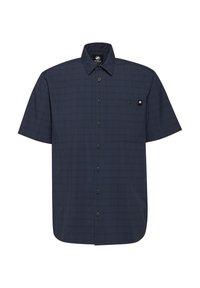 Koszula na krótki rękaw z guzikami w granatowym kolorze w kratę, wykonana z lekkiego materiału. Posiada kieszeń na piersi oraz czarne guziki.
