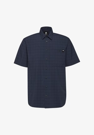 Kurzärmliges Hemd in Marineblau mit Karomuster, aus leichtem Stoff gefertigt. Verfügt über eine Brusttasche und schwarze Knöpfe.