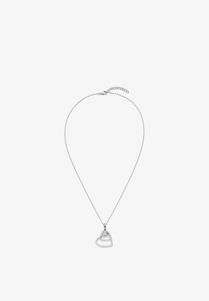 Sterlingsilber-Halskette mit einem Doppelherz-Anhänger, von dem eines mit klaren Edelsteinen besetzt ist, und einer verstellbaren Kette zur Längenanpassung.