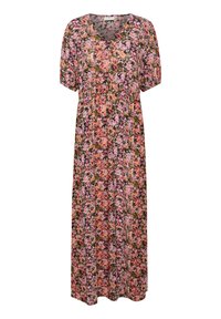 Robe maxi à fleurs avec manches courtes bouffantes. Fleurs roses et violettes sur fond vert foncé. Col en V et silhouette fluide.