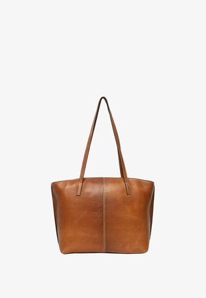 Brown leather tote bag with two handles, rectangular shape, smooth texture, and subtle stitching detail along the center seam.