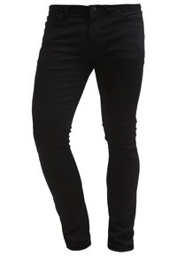 Jeans negros de denim, con un diseño de corte ajustado, estilo de cinco bolsillos, y cierre de cremallera con botón. Textura suave, detalles mínimos.