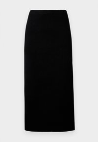 Gonna nera midi realizzata in tessuto morbido, con taglio dritto e vita elastica, caratterizzata da una texture liscia e priva di motivi o accenti visibili.
