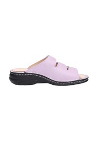 Light purple open-toe slide sandal with two cut-out straps, cushioned beige insole, and thick black sole with white stitching.