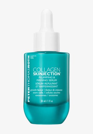 Turquoise glazen fles met witte druppeldop, gelabeld als Collagen Skinjection opvullend en verstevigend serum, 30ml, van Peter Thomas Roth.