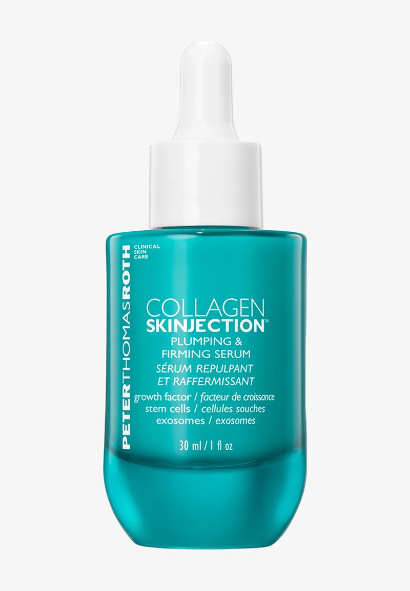 Bottiglia di vetro turchese con tappo contagocce bianco etichettata Collagen Skinjection siero rimpolpante e rassodante, 30 ml, di Peter Thomas Roth.