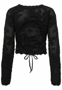 Maglione cropped nero realizzato in tessuto a maglia, con maniche lunghe, design con schiena scoperta e chiusura a laccetto in vita con motivi testurizzati.