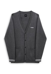 Grå cardigan med V-ringad design, knappstängning, två framfickor och vita randiga detaljer på ärmarna. VANS-logotyp i vitt.