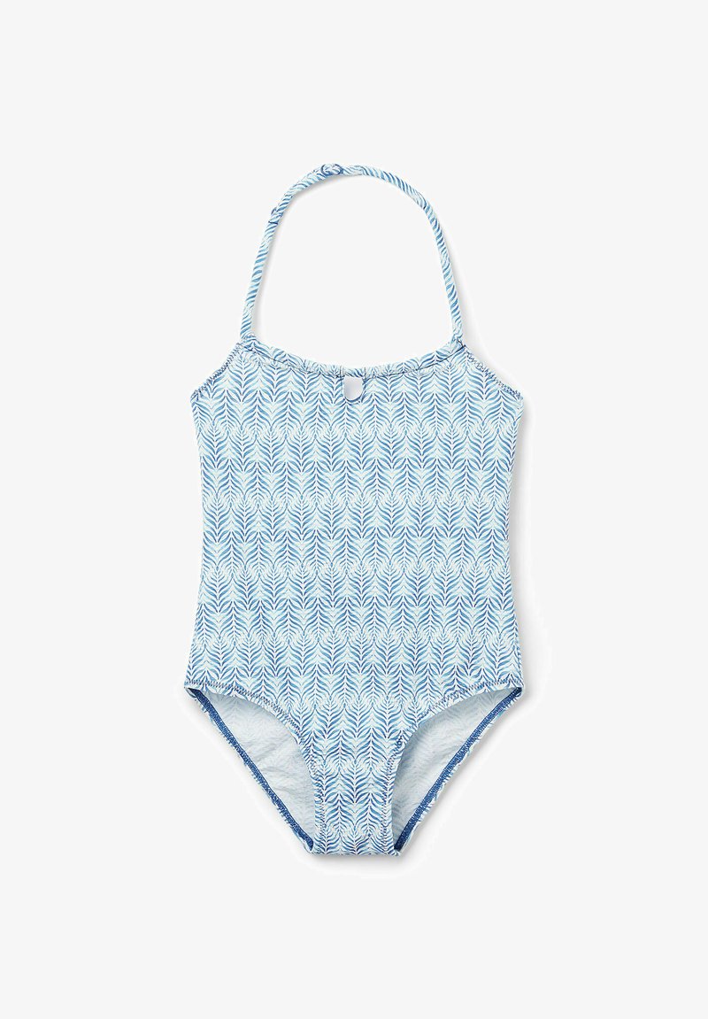 Maillot de bain une pièce bleu et blanc avec un motif de feuilles, présentant des fines bretelles, un détail en découpe ronde dans le dos, et une forme classique.