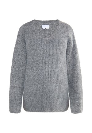 Pelēks adīts džemperis ar V veida kakla izgriezumu, garām piedurknēm un ribota tekstūra. Brīva piegriezuma ar taisnu apakšmalu un smalkām krāsu variācijām.