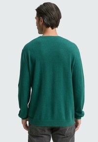 Gr�üner Pullover, weiche Textur, lockerer Schnitt, lange Ärmel. Verfügt über einen runden Halsausschnitt und gerippte Bündchen sowie Saum. Rückansicht gezeigt.