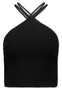Top nero a halter con design corto, caratterizzato da sottili spalline incrociate sulla schiena e una texture liscia e opaca. Semplice e minimalista.