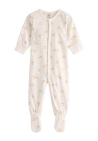 Białe body dla niemowląt z miękkiej bawełny, z wzorem małych żółtych owieczek. Długie rękawy z mankietami i designem z pełnymi stopami. Zapięcie na zatrzaski z przodu.