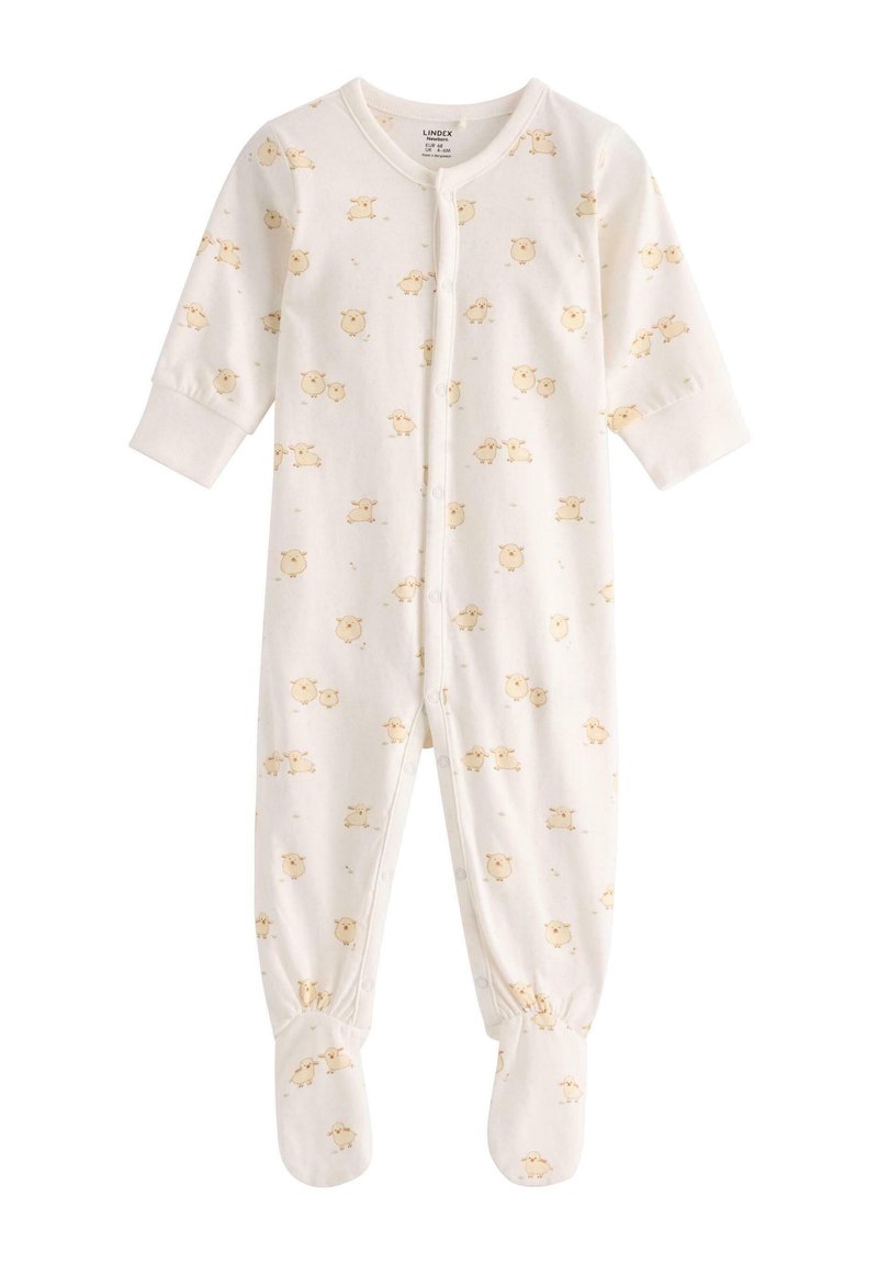 Białe body dla niemowląt z miękkiej bawełny, z wzorem małych żółtych owieczek. Długie rękawy z mankietami i designem z pełnymi stopami. Zapięcie na zatrzaski z przodu.