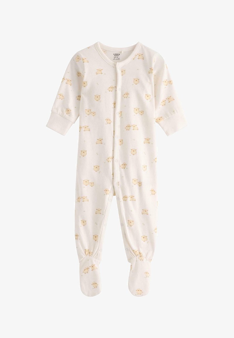 Body per neonato bianco in cotone morbido, con un motivo di piccole pecore gialle. Maniche lunghe con polsini e design con i piedi. Chiusura frontale a bottoni.