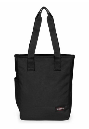Sort stofnettaske med lange håndtag, sidelomme og lille rektangulært "Eastpak" logo mærke nederst til højre.