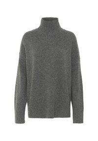 Svetlá šedá oversize roláková mikina vyrobená z mäkkého pleteného materiálu. Má rebrované manžety a lem, s uvoľnenými plecami a telom.