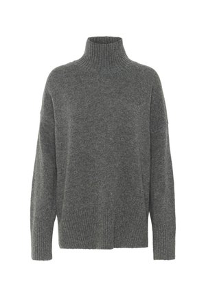 Svijetlosivi oversize džemper s visokom ovratnikom od mekane pletene tkanine. Ima rebraste manžete i rub, s opuštenim ramenima i tijelom.