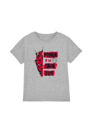 Graues T-Shirt mit einer rot-schwarzen Halbgesichts-Grafik eines gehörnten Charakters und rotem Text mit der Schrift „Power of the Dark Side.“