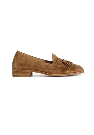 Mocassini in suede marrone con punta arrotondata e un nappino decorativo sulla parte anteriore. La scarpa presenta un tacco basso e impilato e un interno liscio.