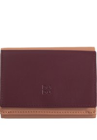 Leather wallet featuring a folded design in burgundy and tan, with embossed logo and smooth texture. Compact and simple layout.