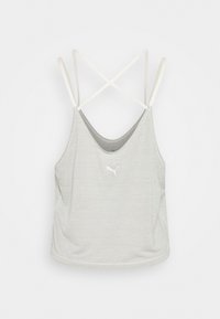 Jasnoszary sportowy top na ramiączkach o gładkiej fakturze, z krzyżującymi się białymi paskami i małym białym logo z przodu.