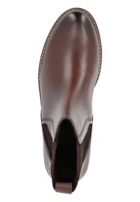 Braune Leder-Ankle-Boots mit elastischen Seitenpaneelen, strukturierten Oberflächen, runder Zehenpartie und einer Schlaufe an der Rückseite. Gesteppte Details entlang der Sohle.