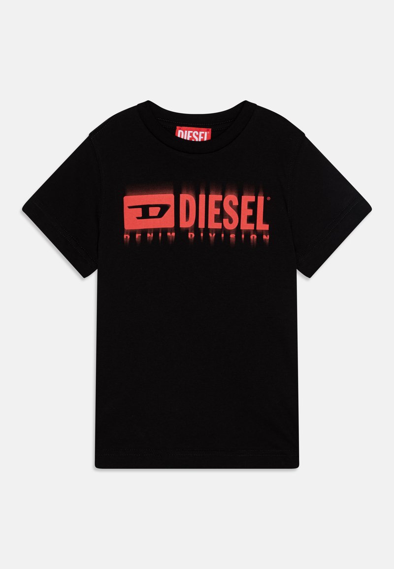 Črna bombažna majica s poudarjenim rdečim gradientnim logotipom z besedilom "DIESEL DENIM DIVISION." Kratke rokave in okroglo ovratnico.