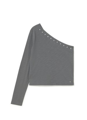 Grey long-sleeve top with one shoulder design, featuring silver star accents along the neckline and a soft, textured fabric.