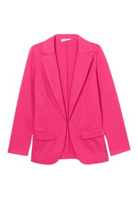 Blazer fuchsia avec revers à crans, devant ouvert et deux poches avant. Confectionné dans un tissu lisse avec une coupe structurée et des manches longues.