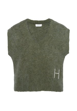 Vihreä, lyhythihainen neulepaita, jossa on V-pääntie, valmistettu pehmeästä materiaalista ja jossa on valkoinen brodeerattu "H" vasemmalla sivulla.
