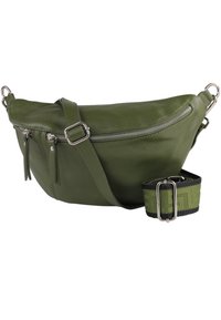 Sac en cuir vert avec une forme structurée, doté d'une poche zippée à l'avant et d'une bandoulière amovible à motif vert et noir.