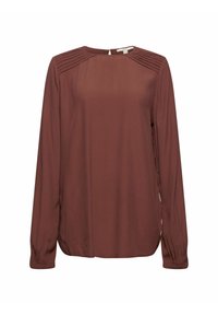 Blusa a maniche lunghe con scollo tondo in tessuto marrone intenso. Presenta pieghe alle spalle e chiusura con bottoni sul retro. Tessuto liscio, senza pattern.