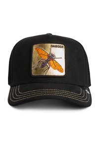 Cappellino da trucker nero con patch dorata che presenta un insetto con ali arancioni e la parola "DAGGER" ricamata sopra.