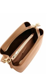 Tan leather handbag with gold zipper and clasp, featuring multiple compartments and an open top view showing interior organization.